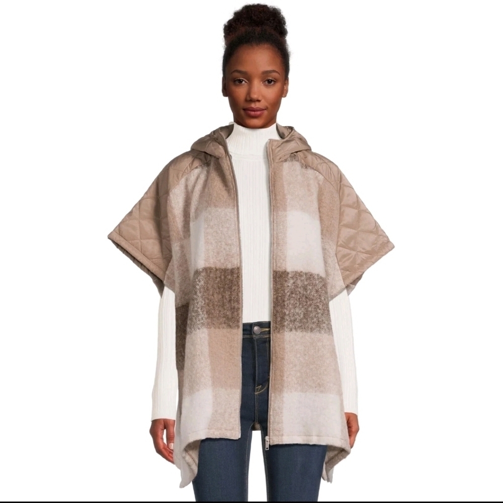 Women's Plaid Zip Poncho Sweater L-XL Hood  Tan/Brown NWOT Cozy Light Weight